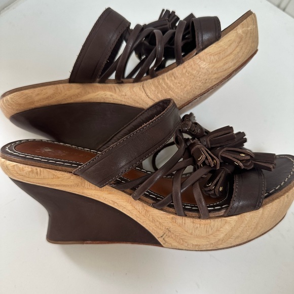 Anthropologie Leif's Dottir Brown Wedge Clogs w/ Tassles - Picture 2 of 4